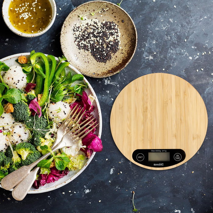 Inde Báscula de Cocina Digital Redonda de Bambú 5 Kg. Dimensiones: 20.8 cm (Largo) x 20.7 cm (Alto) x 4.1 cm (Ancho) (12 Unidades)