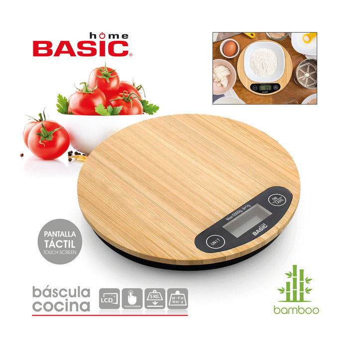 Inde Báscula de Cocina Digital Redonda de Bambú 5 Kg. Dimensiones: 20.8 cm (Largo) x 20.7 cm (Alto) x 4.1 cm (Ancho) (12 Unidades)