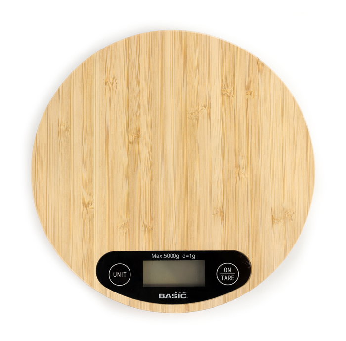 Inde Báscula de Cocina Digital Redonda de Bambú 5 Kg. Dimensiones: 20.8 cm (Largo) x 20.7 cm (Alto) x 4.1 cm (Ancho) (12 Unidades)