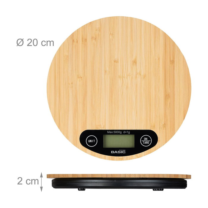 Inde Báscula de Cocina Digital Redonda de Bambú 5 Kg. Dimensiones: 20.8 cm (Largo) x 20.7 cm (Alto) x 4.1 cm (Ancho) (12 Unidades)