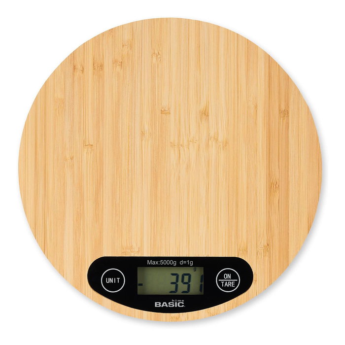 Inde Báscula de Cocina Digital Redonda de Bambú 5 Kg. Dimensiones: 20.8 cm (Largo) x 20.7 cm (Alto) x 4.1 cm (Ancho) (12 Unidades)