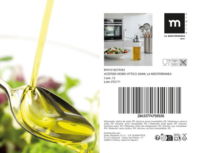 La Mediterranea Aceitera Vidrio Ottico 200 ml con medidas 5.5x5.5x17 cm (24 Unidades)