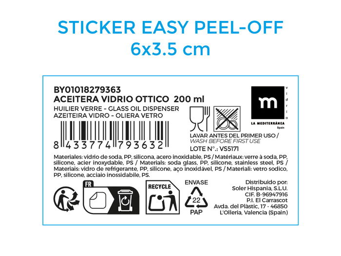 La Mediterranea Aceitera Vidrio Ottico 200 ml con medidas 5.5x5.5x17 cm (24 Unidades)
