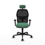 Silla de oficina Alfera con mecanismo Sincro tapizada con Tela color Verde esmeralda y malla color Negro. Equipada con lumbar 1D, Brazos 1D, Cabecero 2D y Ruedas 65mm nailon