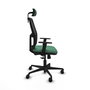 Silla de oficina Alfera con mecanismo Sincro tapizada con Tela color Verde esmeralda y malla color Negro. Equipada con lumbar 1D, Brazos 1D, Cabecero 2D y Ruedas 65mm nailon
