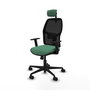 Silla de oficina Alfera con mecanismo Sincro tapizada con Tela color Verde esmeralda y malla color Negro. Equipada con lumbar 1D, Brazos 1D, Cabecero 2D y Ruedas 65mm nailon