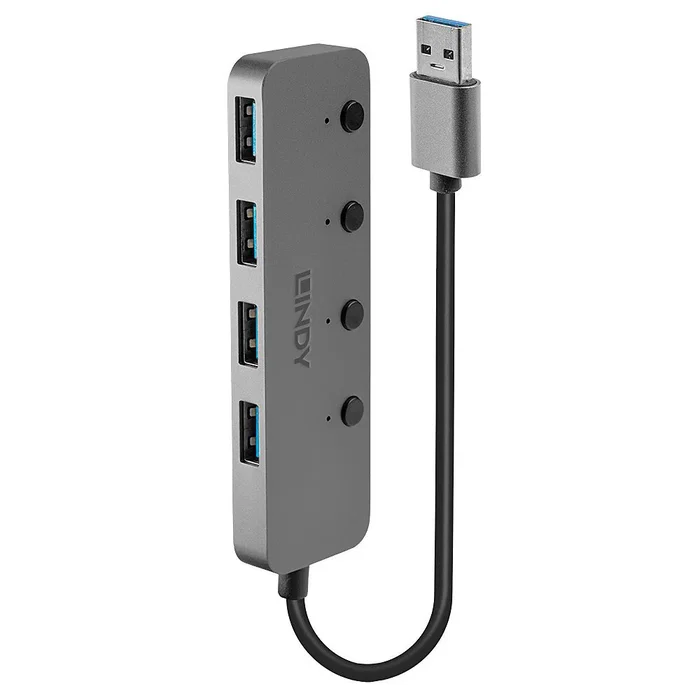 Lindy 43309 Hub USB 3.0 de 4 Puertos con Interruptores On/Off, USB 3.2 Gen 1 (5 Gbit/s), Color Gris, Cable USB Tipo A a Tipo B Incluido
