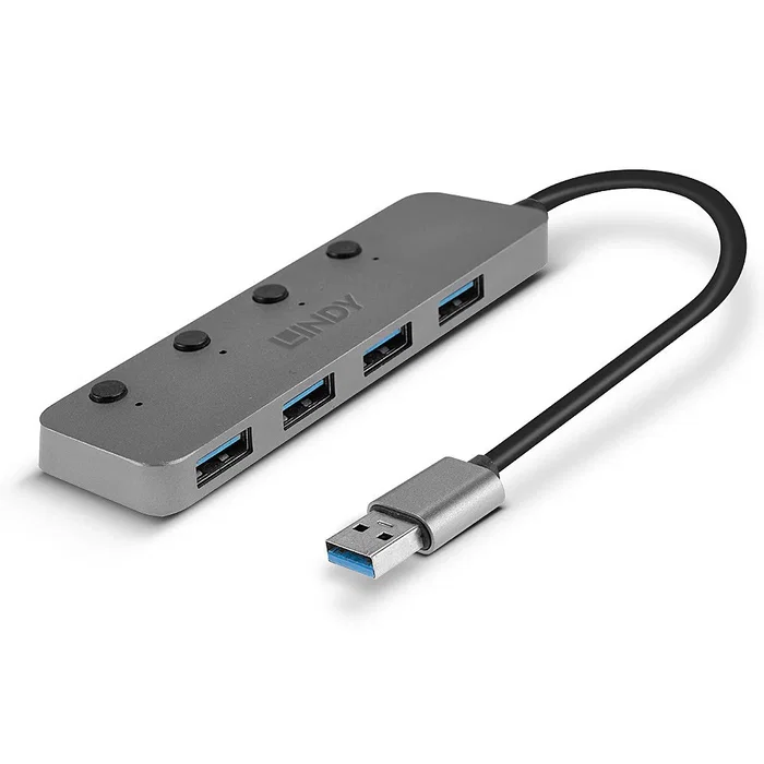 Lindy 43309 Hub USB 3.0 de 4 Puertos con Interruptores On/Off, USB 3.2 Gen 1 (5 Gbit/s), Color Gris, Cable USB Tipo A a Tipo B Incluido