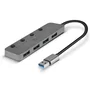 Lindy 43309 Hub USB 3.0 de 4 Puertos con Interruptores On/Off, USB 3.2 Gen 1 (5 Gbit/s), Color Gris, Cable USB Tipo A a Tipo B Incluido