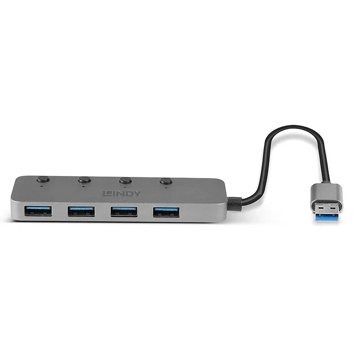 Lindy 43309 Hub USB 3.0 de 4 Puertos con Interruptores On/Off, USB 3.2 Gen 1 (5 Gbit/s), Color Gris, Cable USB Tipo A a Tipo B Incluido
