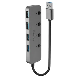 Lindy 43309 Hub USB 3.0 de 4 Puertos con Interruptores On/Off, USB 3.2 Gen 1 (5 Gbit/s), Color Gris, Cable USB Tipo A a Tipo B Incluido