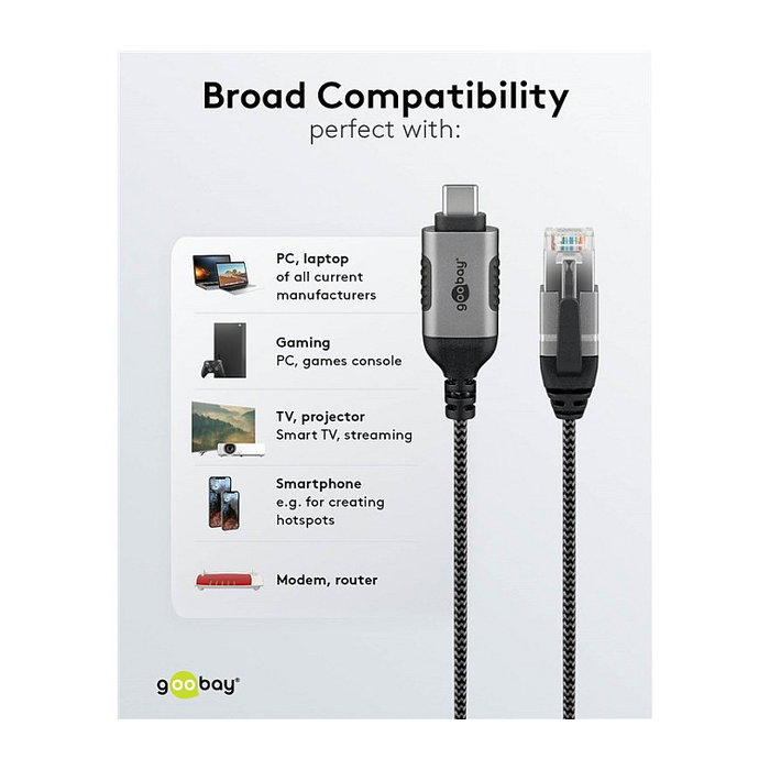 Goobay Adaptador de red USB-C 3.2 Gen2 a RJ-45, 5 metros, negro/gris Goobay Adaptador de red USB-C 3.2 Gen2 a RJ-45, 5 metros, negro/gris