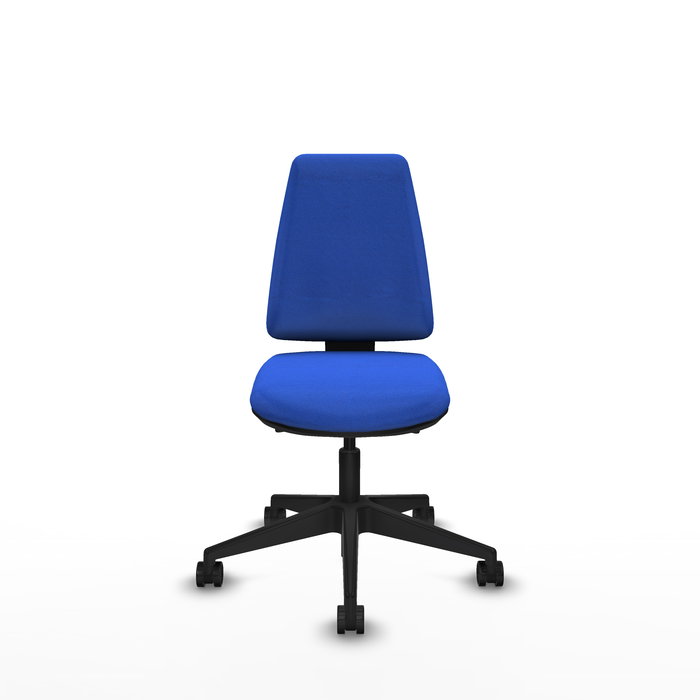 Silla de oficina Elche con mecanismo Asincro tapizada con Tela color Azul. Equipada con Base piramidal negra, Sin brazos y Ruedas 65mm nailon