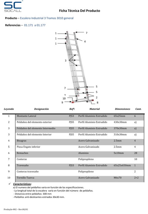 SIFER Escalera de 3 tramos 3 x 2,3 m con 3 x 8 peldaños y travesaño EN131 SIFER Escalera de 3 tramos 3 x 2,3 m con 3 x 8 peldaños y travesaño EN131