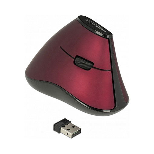 DeLOCK 12528 Ratón Vertical Ergonómico Inalámbrico 2.4 GHz, 5 Botones, Óptico 1000 DPI, Para Mano Derecha, Negro/Rojo, Para Oficina y PC