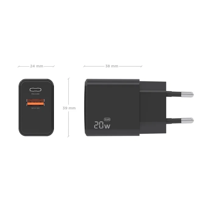 Aisens Cargador GaN 20W con USB-C y USB-A Negro A110-1026 Aisens Cargador GaN 20W con USB-C y USB-A Negro A110-1026
