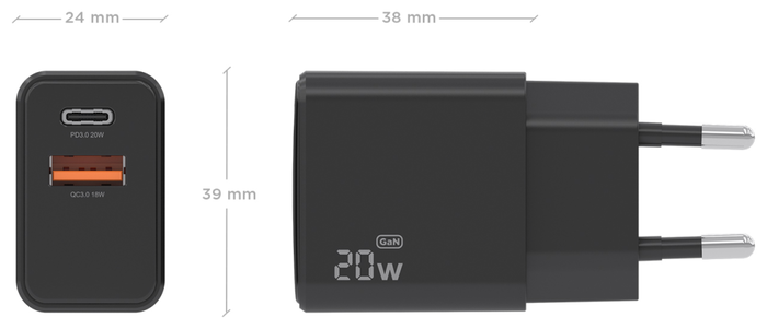 Aisens Cargador GaN 20W con USB-C y USB-A Negro A110-1026 Aisens Cargador GaN 20W con USB-C y USB-A Negro A110-1026