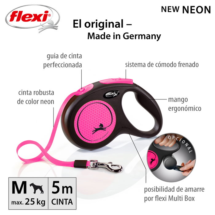 Flexi New NEON Cinta Rosa 5m para perros hasta 25kg Flexi New NEON Cinta Rosa 5m para perros hasta 25kg