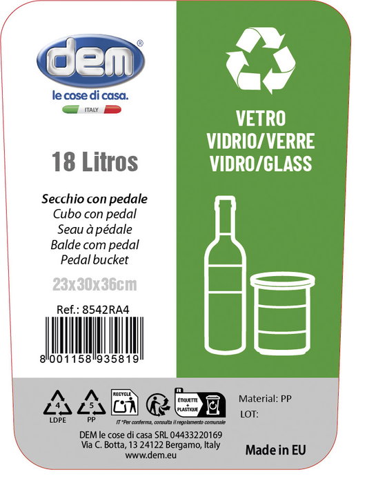 Inde Cubo con Pedal 18L Ecoponto Vidrio 30 cm ancho x 36 cm alto x 23 cm largo (5 Unidades)