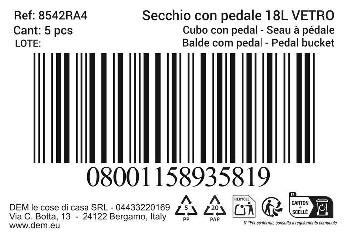 Inde Cubo con Pedal 18L Ecoponto Vidrio 30 cm ancho x 36 cm alto x 23 cm largo (5 Unidades)