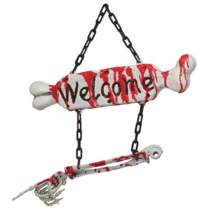 Atosa Placa Decorativa de Pared Halloween con Brazo Esquelético y Manchas de Sangre Welcome
