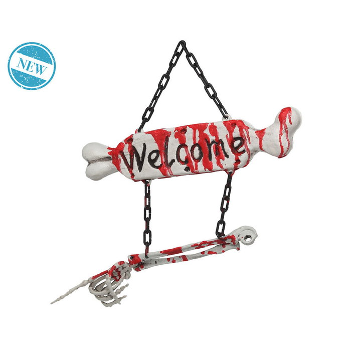 Atosa Placa Decorativa de Pared Halloween con Brazo Esquelético y Manchas de Sangre Welcome