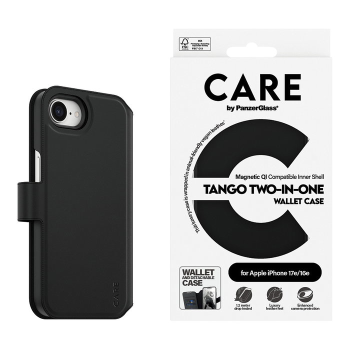 PanzerGlass CARE™ Tango 2-in-1 Wallet Case w. Qi para iPhone 16e | 17e - Negro