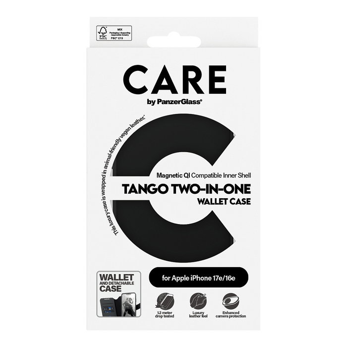 PanzerGlass CARE™ Tango 2-in-1 Wallet Case w. Qi para iPhone 16e | 17e - Negro