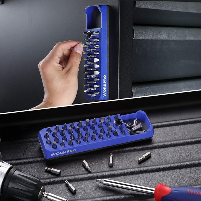 WORKPRO Organizador Magnético Vacío Rectangular para 38 Puntas de ø6.35 mm + Adaptador de ø13 mm y Compartimento 40x40 mm - 177x45 mm