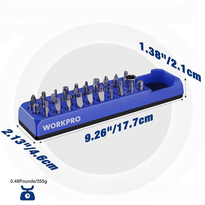 WORKPRO Organizador Magnético Vacío Rectangular para 38 Puntas de ø6.35 mm + Adaptador de ø13 mm y Compartimento 40x40 mm - 177x45 mm