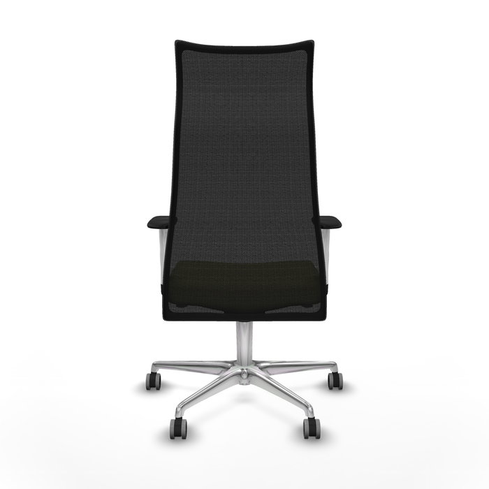 Sillón Albacete con mecanismo Sincro tapizada con Tela color Verde oliva y malla color Negro. Equipado con Base aluminio, Brazos 1D y Ruedas 65 mm parqué