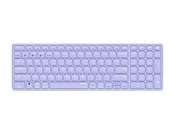 Rapoo E9700M Teclado Inalámbrico RF + Bluetooth 5.0, 100% Completo con Touchpad, Color Púrpura, Idioma Inglés Internacional, Diseño Ultrafino de Aluminio, 99 Teclas, para Oficina