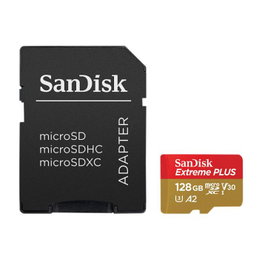 SanDisk Extreme PLUS 128 GB microSDXC Tarjeta de Memoria, 200 MB/s, 90 MB/s, U3, V30, A2, Clase 10, Incluye Adaptador SD