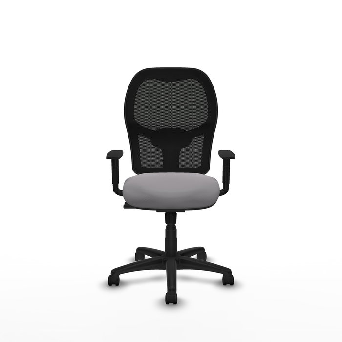 Silla de oficina Alocén con mecanismo Sincro tapizada con Similpiel color Gris y malla color Negro. Equipada con lumbar 1D, Brazos 1D y Ruedas de nailon 50 mm