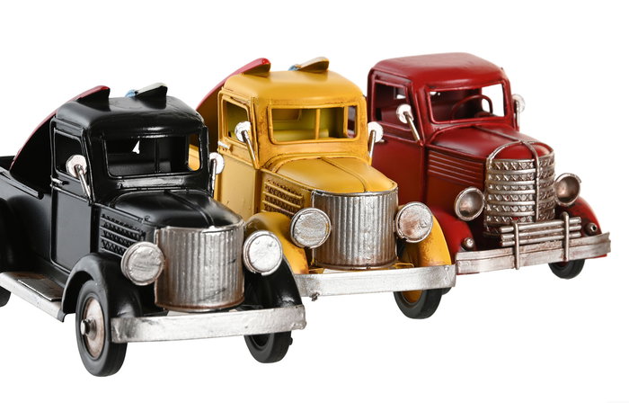 DKD Home Decor Vehículo Decoración Vintage Metal Set 3 Unidades Surtidas Colores Amarillo, Negro y Rojo 7.5 x 9.5 x 17 cm