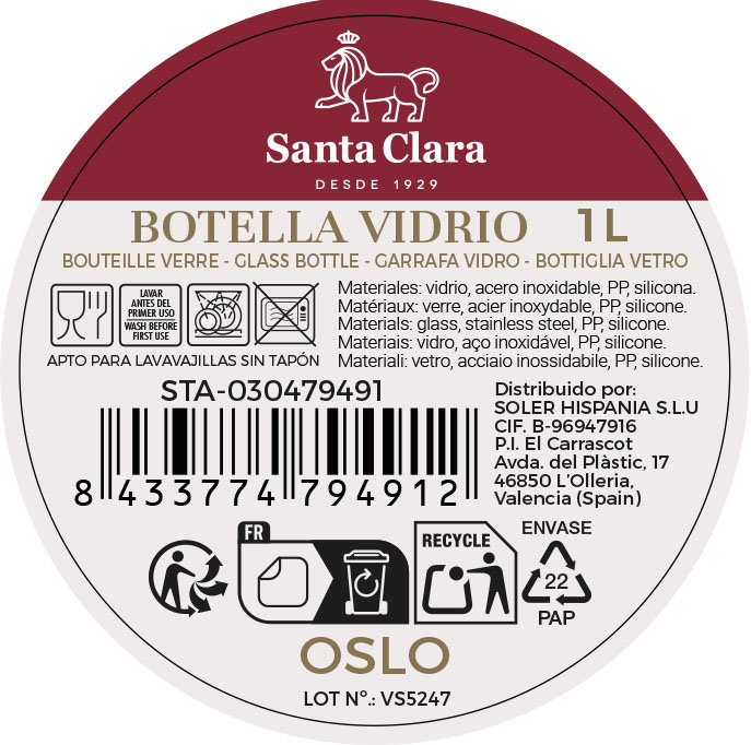 Inde Botella con Tapa de Metal Transparente Oslo, 1000 ml, 10 x 10 x 27.2 cm (6 Unidades)