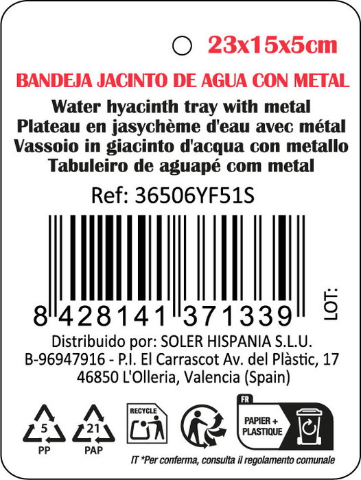 Inde Bandeja Jacinto De Agua Oval 23x15x5cm con Metal