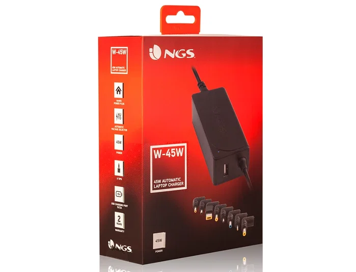 NGS Cargador Universal Automático W-45W 45W Negro con 8 Conectores y Salida USB