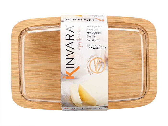 Kinvara Mantequillera de Bambú y Plástico (PS) con Tapa, Color Madera, 19x12.6x6.2 cm (Set de 12)