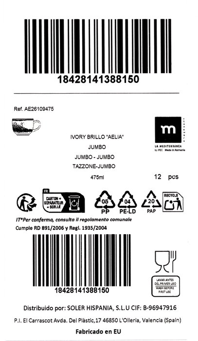 La Mediterranea Cuenco Jumbo AELIA 475cl, Pack de 12 unidades de 475cl