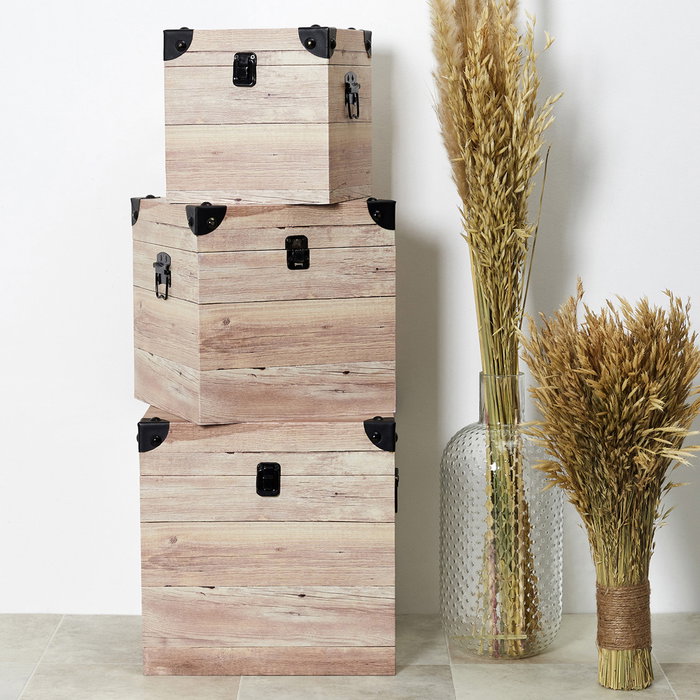 Home Deco Factory Juego de 3 Cajas Cuadradas de Madera Decorativas Rústicas con Asas, Grande 30x30x30 cm, Mediana 25x25x25 cm, Pequeña 20x20x20 cm