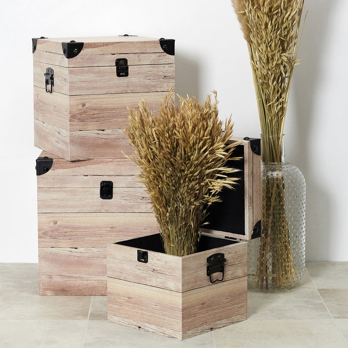 Home Deco Factory Juego de 3 Cajas Cuadradas de Madera Decorativas Rústicas con Asas, Grande 30x30x30 cm, Mediana 25x25x25 cm, Pequeña 20x20x20 cm