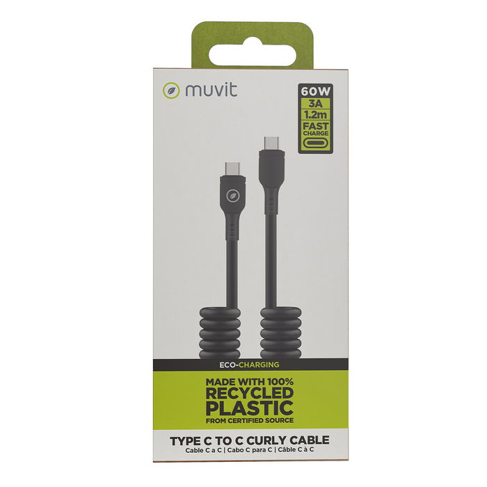 muvit for change cable rizado Tipo C a Tipo C 3A 60w 1,2m negro muvit for change cable rizado Tipo C a Tipo C 3A 60w 1,2m negro