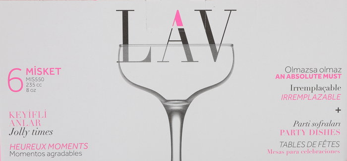 Lav Set de 6 Copas de Champán o Espumoso Misket, Capacidad 235 cc (30,2 cm Largo x 20,3 cm Ancho x 14,4 cm Alto) (4 Cajas)