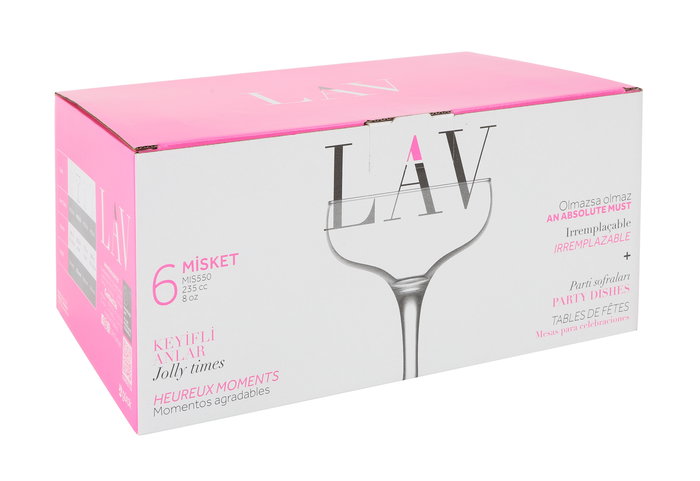 Lav Set de 6 Copas de Champán o Espumoso Misket, Capacidad 235 cc (30,2 cm Largo x 20,3 cm Ancho x 14,4 cm Alto) (4 Cajas)