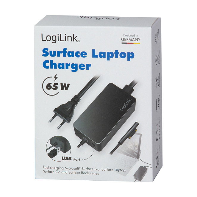 LogiLink Fuente de alimentación para Surface Book, 65W, con puerto USB, negro