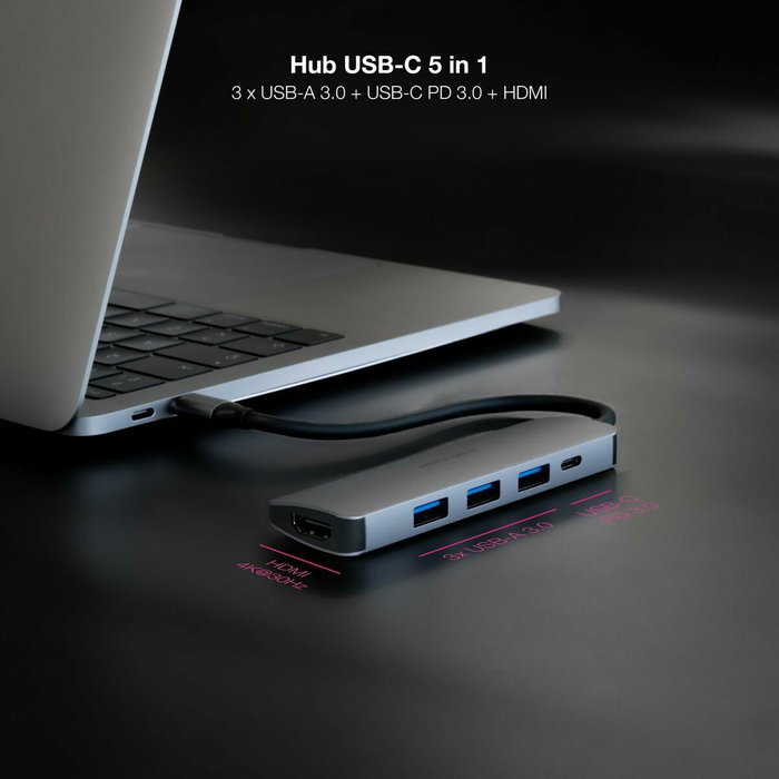 Nanocable Hub USB-C 5 en 1 con 3xUSB-A 3.0, HDMI 4K y USB-C PD 100W - Gris Nanocable Hub USB-C 5 en 1 con 3xUSB-A 3.0, HDMI 4K y USB-C PD 100W - Gris