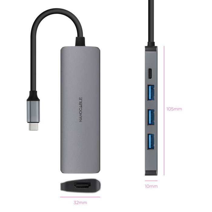 Nano Cable 10.16.4605 Docking Tipo-C 3xUSB 1xHDMI 4K 1xUSB Tipo-C PD Gris