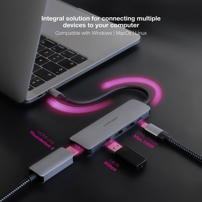 Nano Cable 10.16.4605 Docking Tipo-C 3xUSB 1xHDMI 4K 1xUSB Tipo-C PD Gris