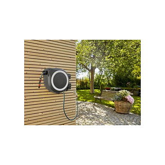 GARDENA Wand-Schlauchbox RollUp XL, Carrete de pared automático con manguera de 35 m, color negro y gris